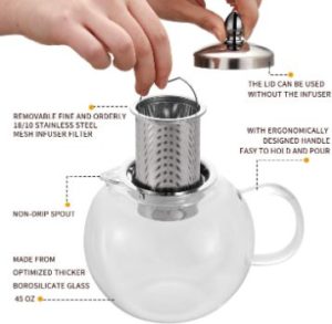 4. Hiware 45oz Large Glass Teapot Kettle with Infuser